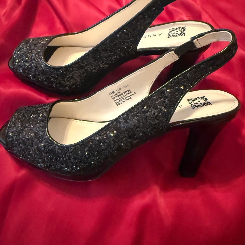 Anne Klein Glittering Black Peep-Toe Heels